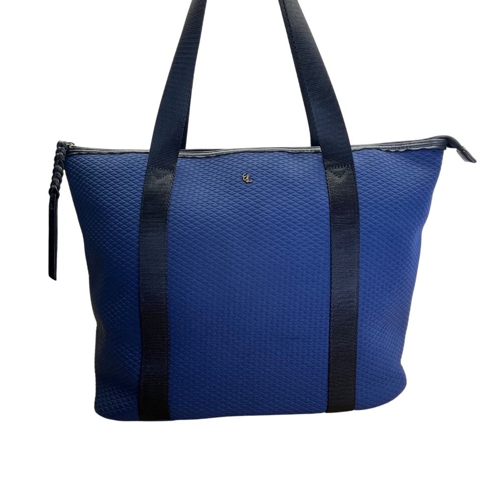 Elliot Lucca Navy Textured Lining Black Straps & Zipper Closure Tote Bag Sz L